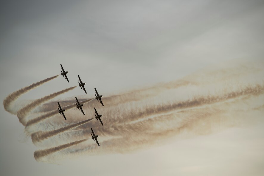 An aerial demonstration team flies over Sakhir Air Base, Bahrain