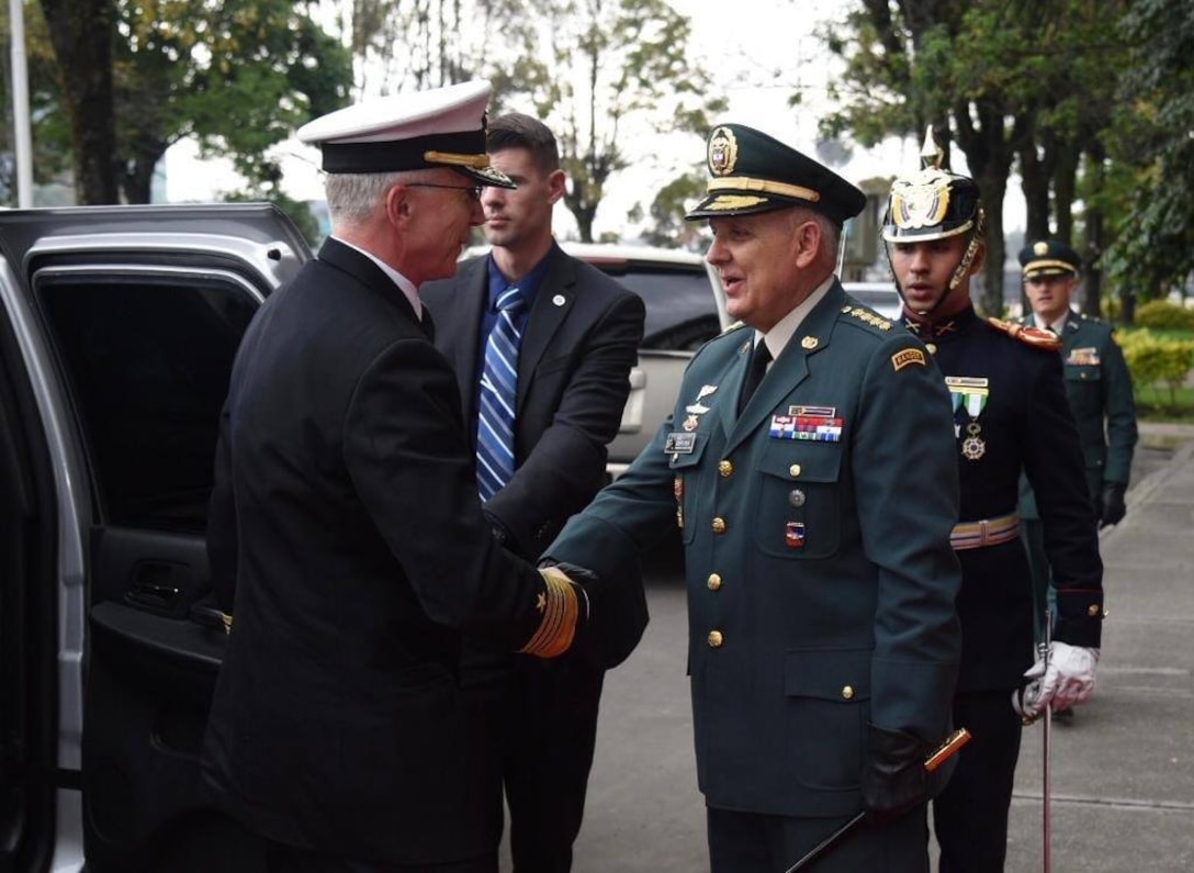 Navy. Adm. Craig S. Faller, commander of U.S. Southern Command, is greeted by Colombian Chief of Defense Alberto Jose Mejia in Bogota.