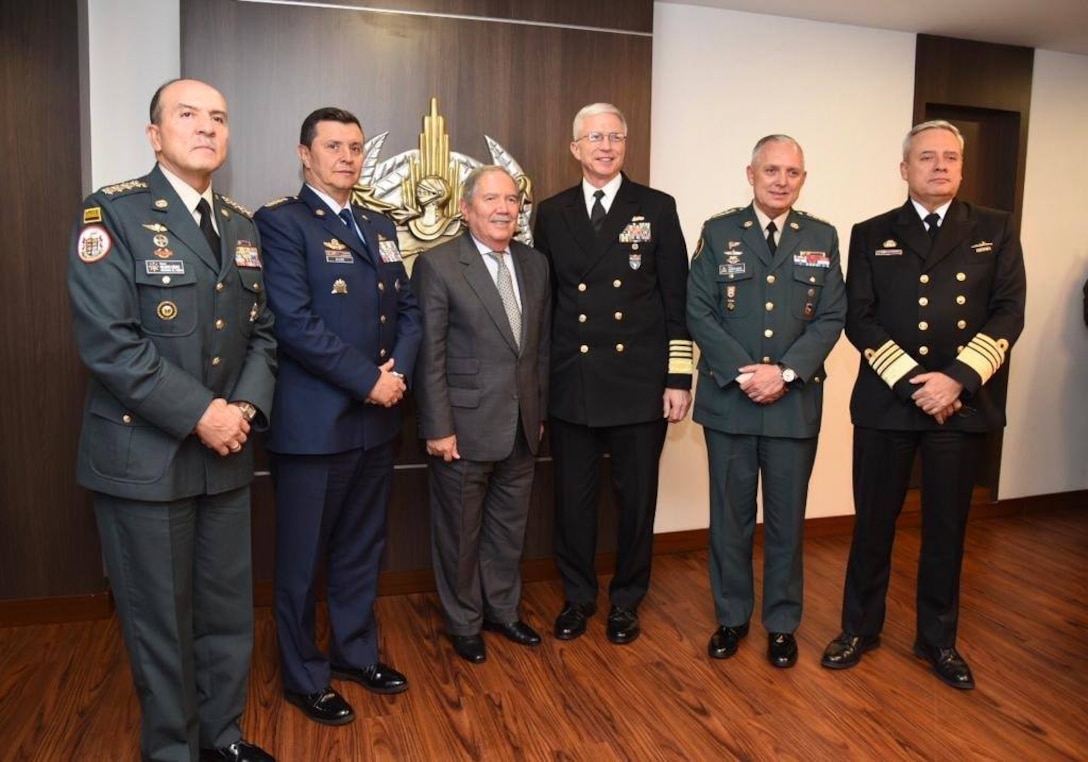 Navy. Adm. Craig S. Faller, commander of U.S. Southern Command, poses with Colombian Minister of Defense Guillermo Botero and Colombian military leadership.