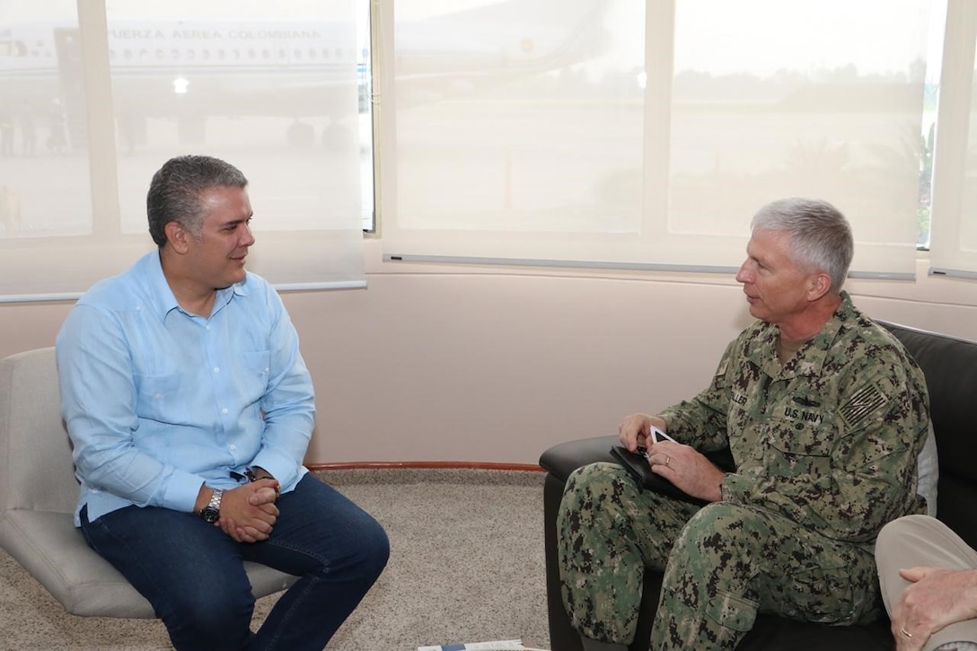 Colombian President Ivan Duque meets with Navy. Adm. Craig S. Faller, commander of U.S. Southern Command, along with U.S. Ambassador Kevin Whitaker and other officials, to discuss the continuation of U.S.-Colombia security cooperation.