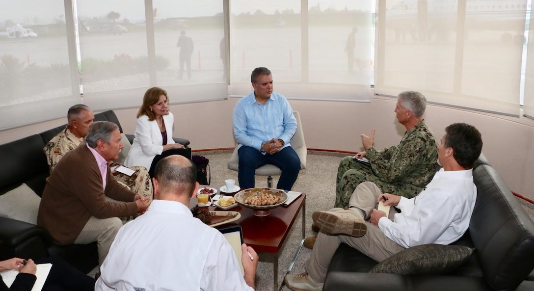 Colombian President Ivan Duque meets with Navy. Adm. Craig S. Faller, commander of U.S. Southern Command, along with U.S. Ambassador Kevin Whitaker and other officials, to discuss the continuation of U.S.-Colombia security cooperation.