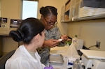 Tech. Sgt. Onyee L. Carter, a histotechnician program instructor at the Medical Education and Training Campus at Joint Base San Antonio-Fort Sam Houston, assists a student with a slide sample during laboratory training.