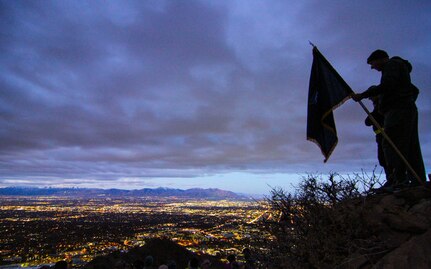 Army Reserve Command Sgt. Maj. Jeff Darlington (right), command sergeant major, 76th Operational Response Command, along with Brig. Gen. Doug Cherry, commanding general, 76th ORC take a moment to check out the view of the Salt Lake Valley after leading a group of Soldiers to the top of the "Living Room" trail in Salt Lake City, Utah Nov. 3. The climb was part of a team-building event during the annual Commander's Conference for brigade and battalion commanders and sergeant's major.  The trail ascents more than 1,000 feet in approximately 2.4 miles, taking hikers to an elevation of nearly 6,000 feet while providing breath-taking views of the Salt Lake Valley. (Official U.S. Army Reserve photo by Sgt. 1st Class Brent C. Powell)