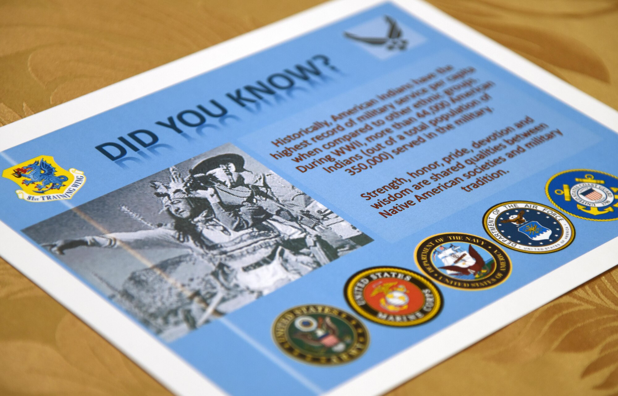 An educational print out is on display during the Native American Heritage Month food tasting at Keesler Air Force Base, Mississippi, Nov. 29, 2018. The event was held in celebration of Native American Heritage Month. (U.S. Air Force photo by Kemberly Groue)