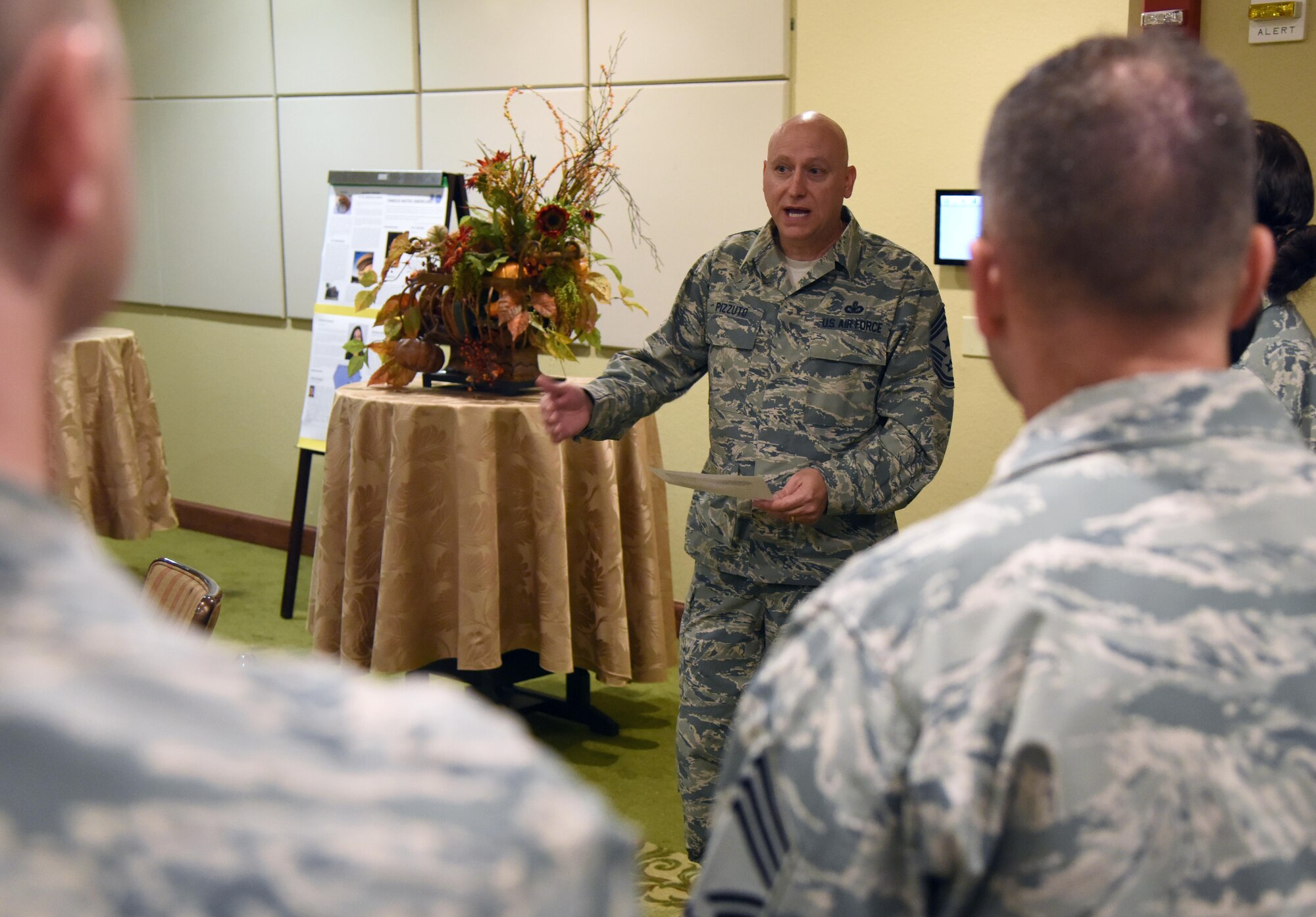 U.S. Air Force Chief Master Sgt. David Pizzuto, 81st Training Wing command chief, delivers remarks during the Native American Heritage Month food tasting at Keesler Air Force Base, Mississippi, Nov. 29, 2018. The event was held in celebration of Native American Heritage Month. (U.S. Air Force photo by Kemberly Groue)