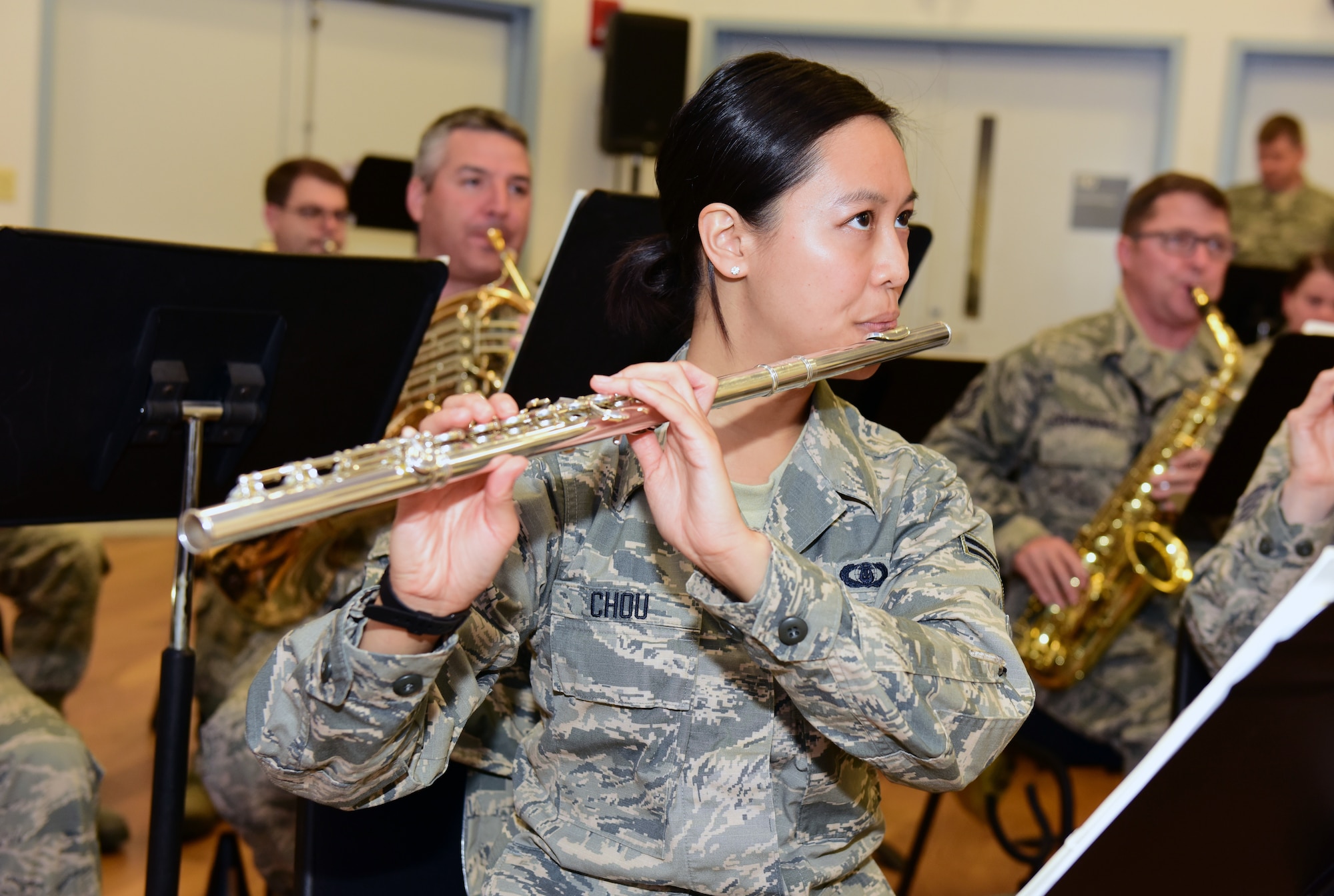 Airman 1st Class Stacey Chou, a flute player with the Air National Guard Band of the Northeast, rehearses Nov. 17, 2018, for the band’s upcoming annual holiday concert. The band has been preparing and practicing for the concert since mid-summer. The holiday concert is scheduled for Dec. 16 at the Auditorium of the Scottish Rite Cathedral, Harrisburg, Pennsylvania, at 3 p.m. and is free to the public. (U.S. Air National Guard photo by Tech. Sgt. Claire Behney/Released)
