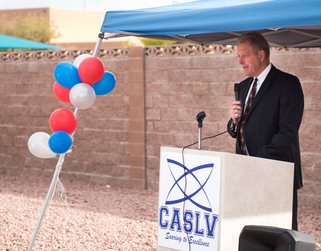 John Lee, mayor of North Las Vegas, shares his excitement about the Coral Academy of Science Las Vegas new campus during the Coral Academy groundbreaking ceremony on Nellis Air Force Base, Nev., Nov. 28, 2018. The school should better meet the educational needs of military families by offering modern facilities, a convenient location, and much more. (U.S. Air Force photo by Airman 1st Class Dylan T. Murakami)