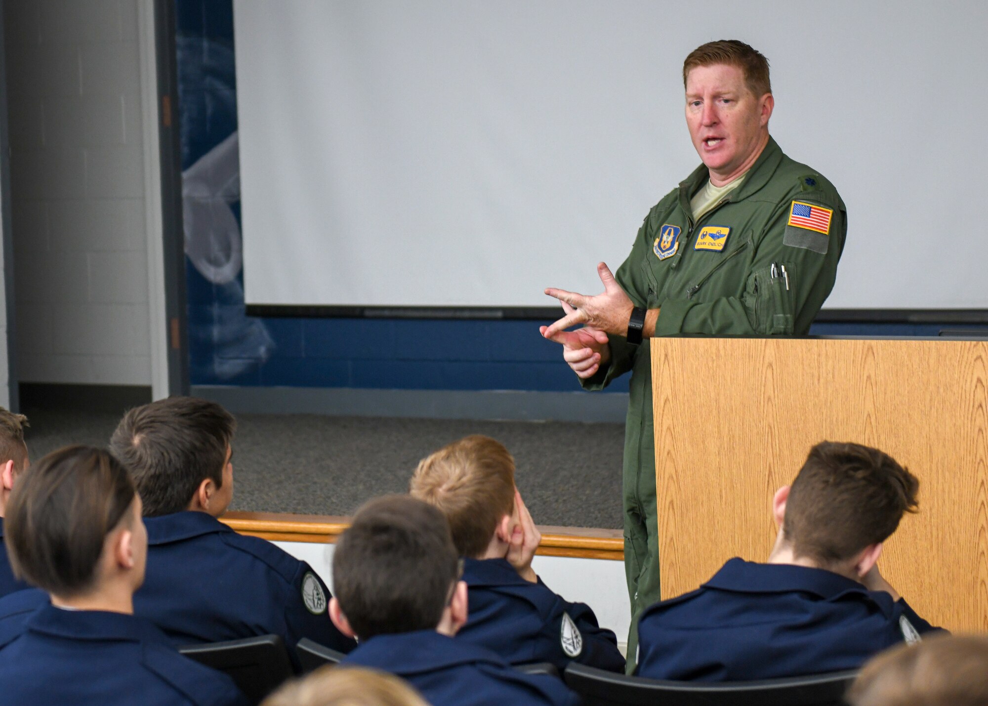 First Lt. John Pope, a pilot with the 757th Airlift Squadron sits in the co-pilot seat during a C-130H Hercules aircraft orientation flight for Junior Reserve Officer Training Corps cadets from Pine-Richland High School, Nov. 28, 2018.