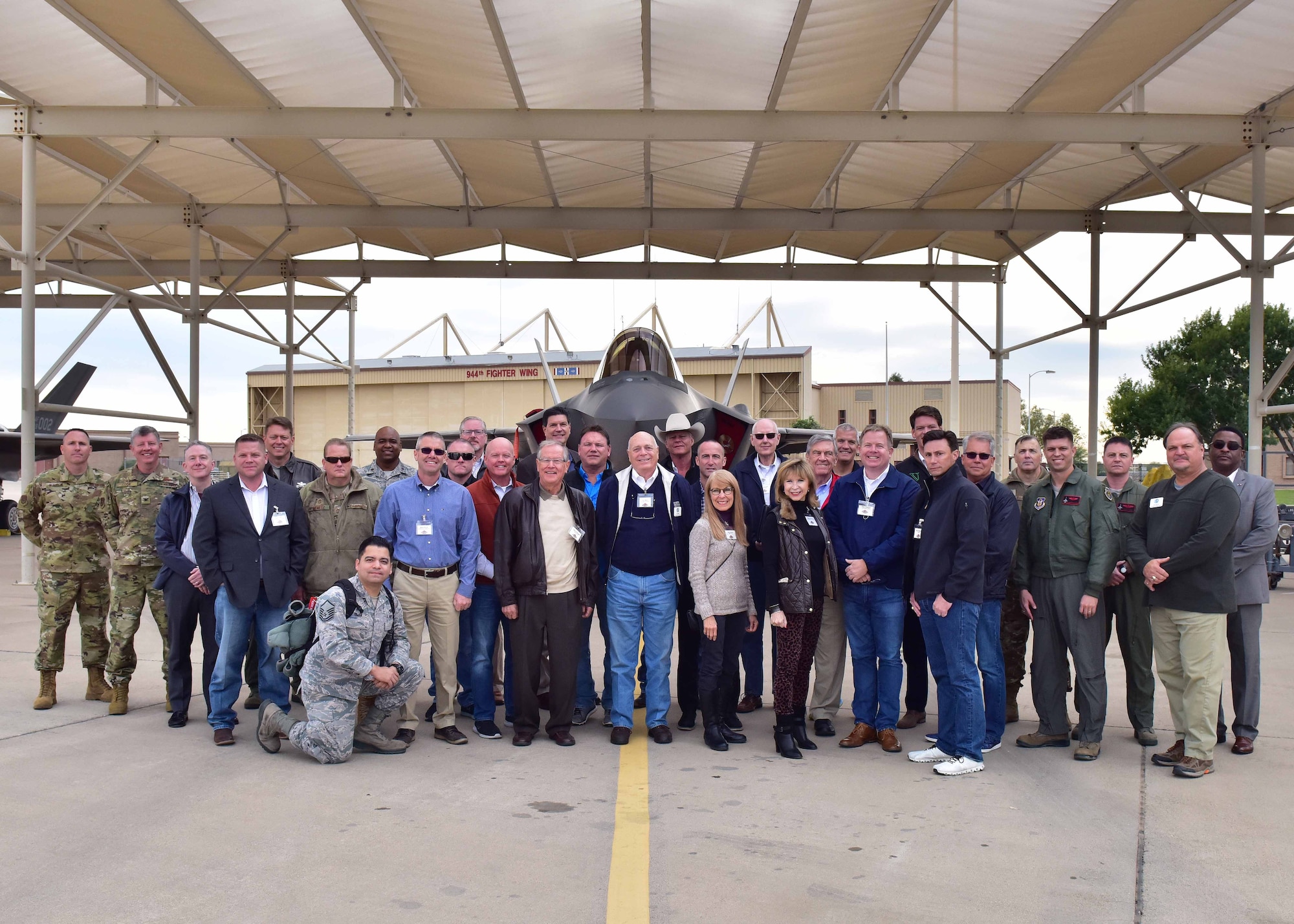 301st Fighter Wing personnel, honorary commanders, and local civic leaders from the Dallas/Fort Worth area visit the 944th Fighter Group at Luke Air Force Base, Ariz. for a civic leader tour Nov. 13 - 14, 2018. The tour allowed visiting civic leaders to see the infrastructure, to understand what goes into the F-35 Lightening II mission at a Reserve unit, and provided an opportunity to connect with Arizona civic leaders. (U.S. Air Force photo by Tech. Sgt. Louis Vega)