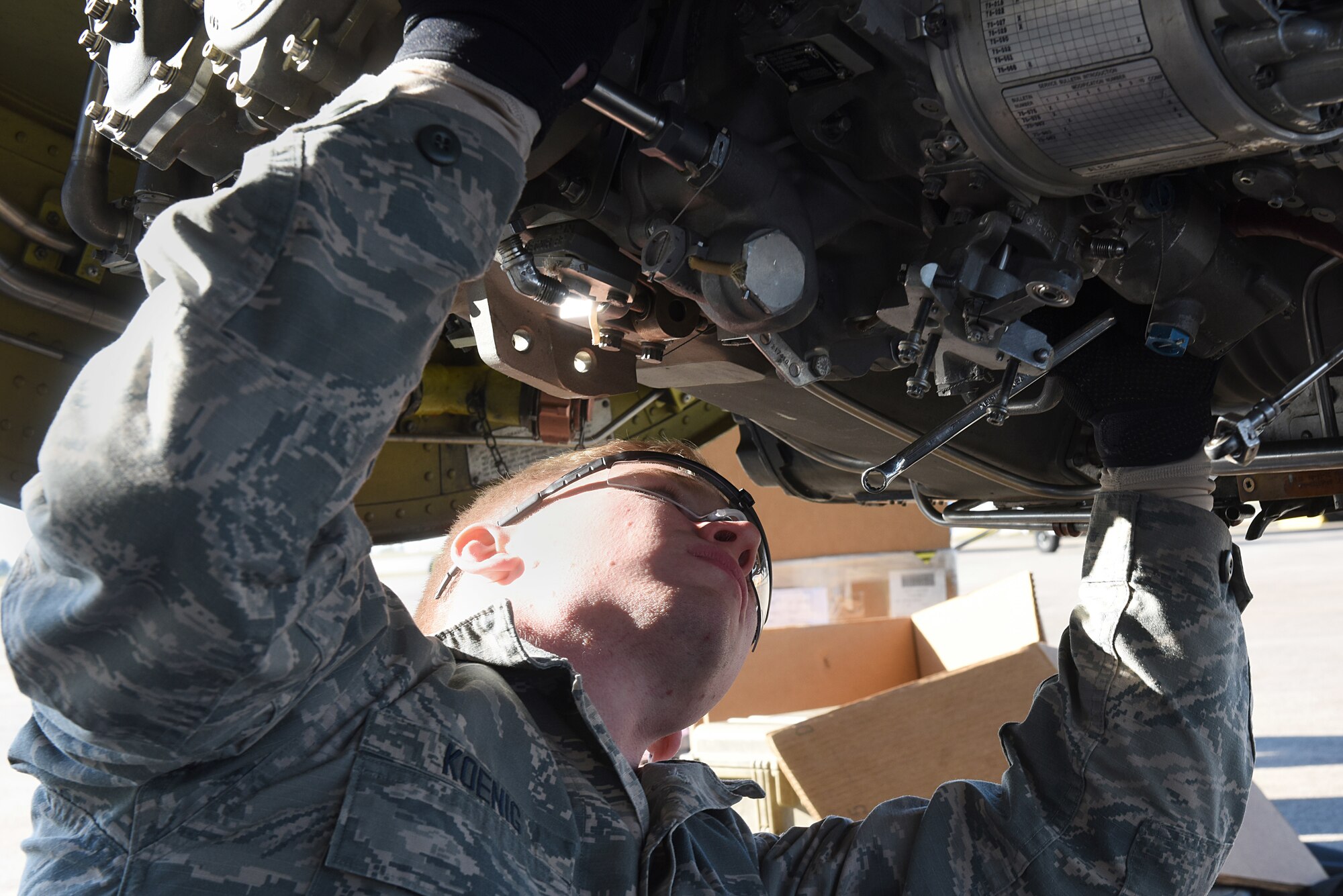 U.S. Air Force Airmen Zachary Koenig, 22nd Expeditionary Aircraft Maintenance Unit KC-135 Stratotanker jet engine mechanic, takes apart a KC-135 engine at Incirlik Air Base, Turkey, Nov. 15, 2018.
