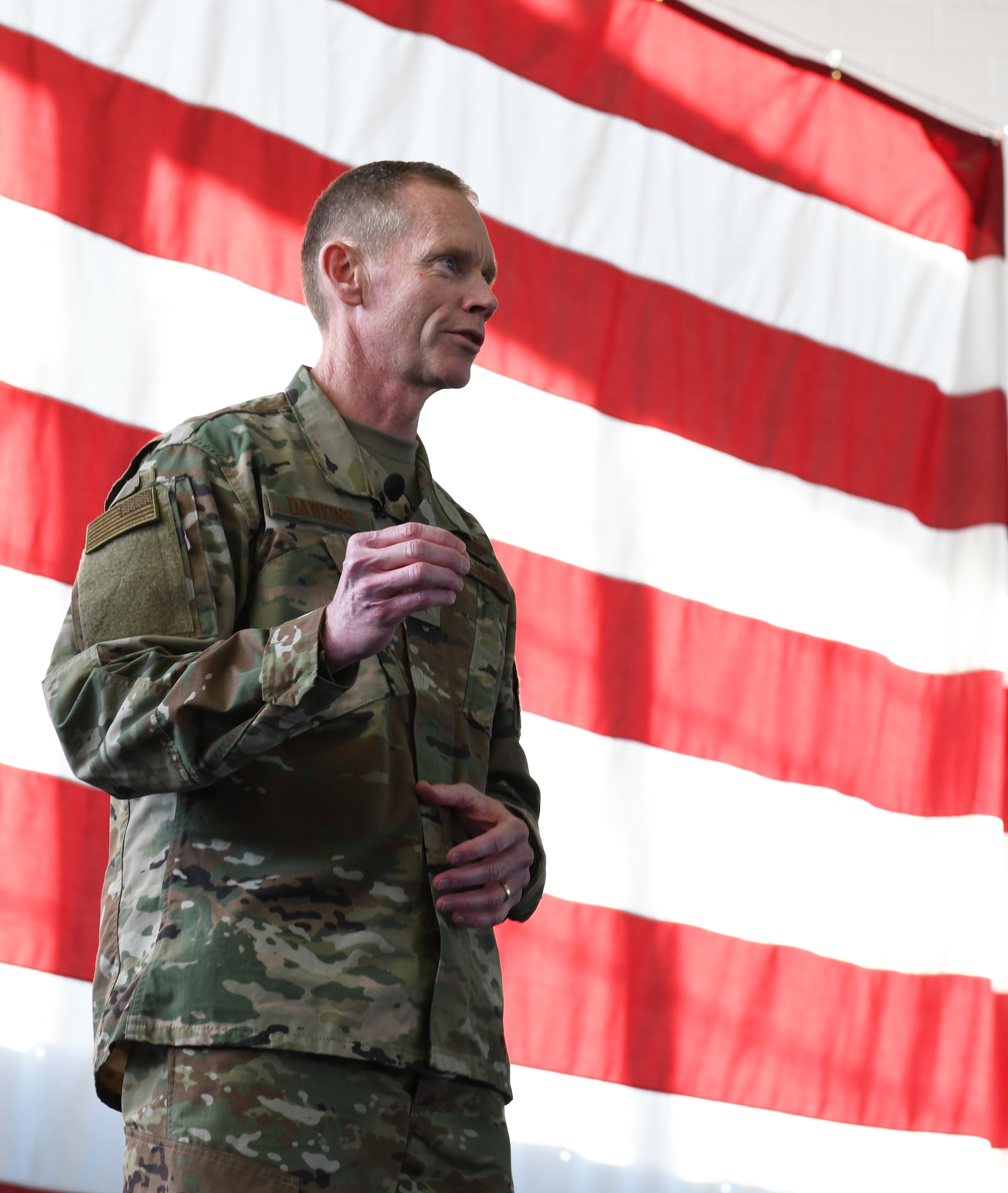 U.S. Air Force Maj. Gen. James Dawkins Jr., the 8th Air Force and Joint-Global Strike Operations Center commander, lays out his priorities and vision during a speech at Ellsworth Air Force Base, S.D., Nov. 13, 2018. Dawkins discussed why lethality, families and innovation are important to the 28th Bomb Wing. (U.S. Air Force photo by Airman 1st Class Thomas I. Karol)