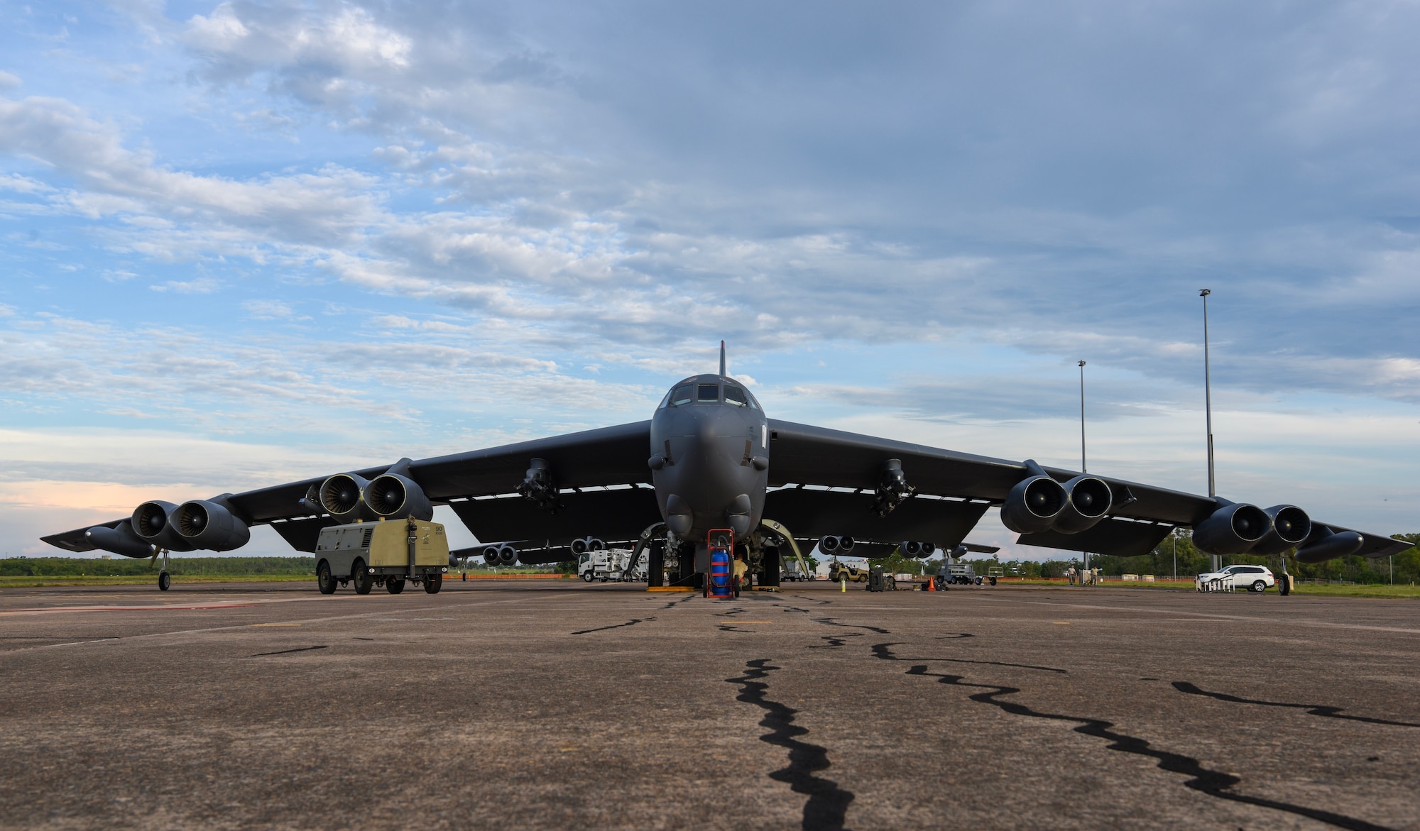 A B-52H Stratofortress bomber assigned to the 96th Expeditionary Bomb Squadron, deployed from Barksdale Air Force Base, La., sits on an apron after arriving to Royal Australian Air Force (RAAF) Base Darwin, Australia, Nov. 29, 2018.