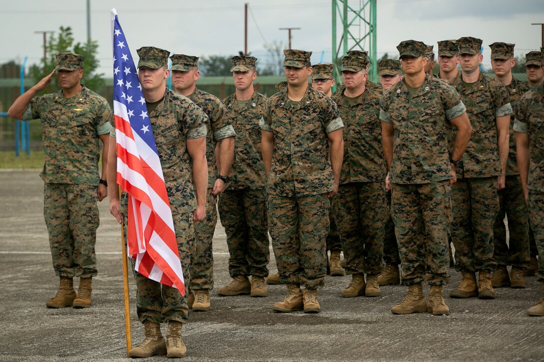 Service members from 10 Allied and partner nations, including Marines with Black Sea Rotational Force 18.1, 4th Air Naval Gunfire Liaison Company, and II Marine Expeditionary Force, participate in the closing ceremony of Exercise Agile Spirit 18 at Senaki Air Base, Georgia, Sept. 10, 2018 Agile Spirit is an annual exercise that builds and operational capabilities in a multinational environment.  (U.S. Marine Corps photo by Cpl. Abrey Liggins/Released)