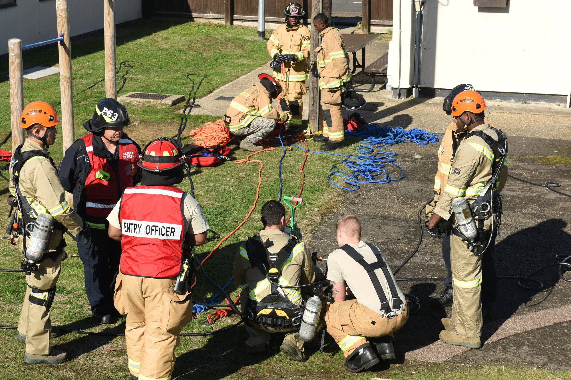 48th Civil Engineer Squadron firefighters conduct a confined space training exercise at Royal Air force Lakenheath, England, Sept. 24. The exercise is an annual requirement to maintain confined-space rescue and recovery readiness capabilities. (U.S. Air Force photo/ Christopher S. Sparks)