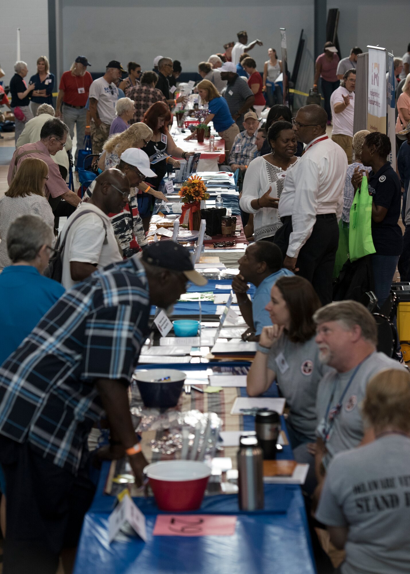 Military veterans meet with organizational service providers during the 10th annual Delaware Veterans Stand Down Sept. 21, 2018, at Schutte Park in Dover, Delaware. More than 150 service provider organizations took part in the event, offering their services to Delaware military veterans. (U.S. Air Force photo by Staff Sgt. Zachary Cacicia)