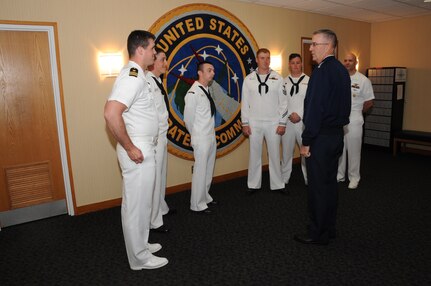 U.S. Air Force Gen. John Hyten, commander of U.S. Strategic Command (USSTRATCOM), welcomes U.S. Navy Sailors from USS Nebraska (SSBN 739) to USSTRATCOM headquarters on Offutt Air Force Base, Neb., Sept. 25, 2018. The Blue Crew Sailors visited USSTRATCOM as part of a week-long “namesake visit” to the greater Omaha area to bolster community ties. USSTRATCOM has global responsibilities assigned through the Unified Command Plan that include strategic deterrence, nuclear operations, space operations, joint electromagnetic spectrum operations, global strike, missile defense, and analysis and targeting.