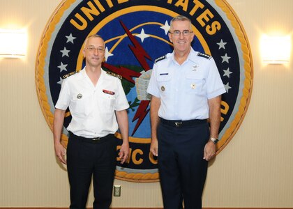 U.S. Air Force Gen. John Hyten, commander of U.S. Strategic Command (USSTRATCOM), welcomes Marine Nationale (French Navy) Vice Admiral Bernard-Antoine Morio de L’Isle, commander of submarine and strategic oceanic forces for France’s Armed Forces Ministry, to USSTRATCOM headquarters, Offutt Air Force Base, Neb., Sept. 25, 2018. During his visit, Morio de L'Isle toured the command’s global operations center and participated in discussions with Hyten, other senior leaders and subject matter experts on the continuing collaboration between the United States and France. USSTRATCOM has global responsibilities assigned through the Unified Command Plan that include strategic deterrence, nuclear operations, space operations, joint electromagnetic spectrum operations, global strike, missile defense, and analysis and targeting.