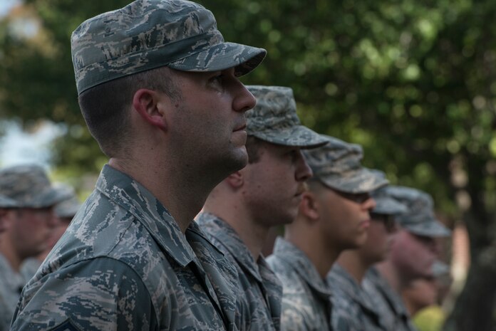 Members from Joint Base Charleston, S.C., stand in formation during a retreat ceremony Sept. 28, 2018.