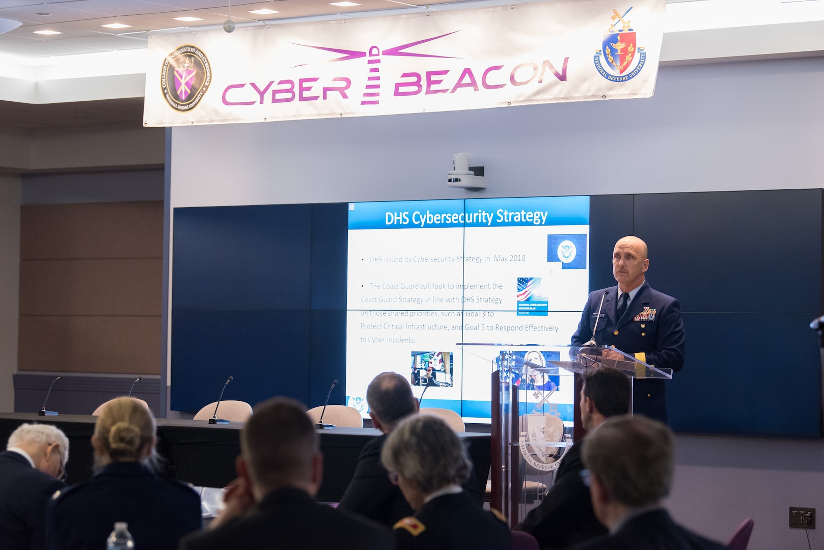 Admiral Dermanelian discusses cyber strategy. Photo courtesy of Katie Persons Lewis, NDU Audio Visual.