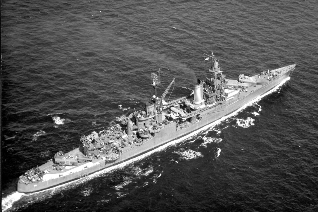 An aerial black and white photo of the USS Indianapolis.