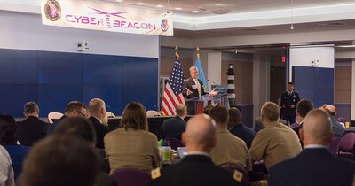 Admiral Dermanelian discusses cyber strategy. Photo courtesy of Katie Persons Lewis, NDU Audio Visual.