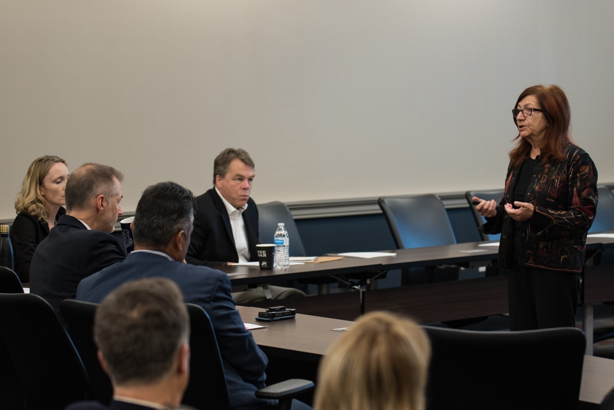 Dr. Katia Sycara, Carnegie Mellon University Advanced Agent-Robotics Technology Laboratory director and research professor, talks with leaders and members of the 711th Human Performance Wing during the kick-off event here to celebrate a new University Center of Excellence at Carnegie Mellon in the research area of trusted human-machine teaming Sept. 28.