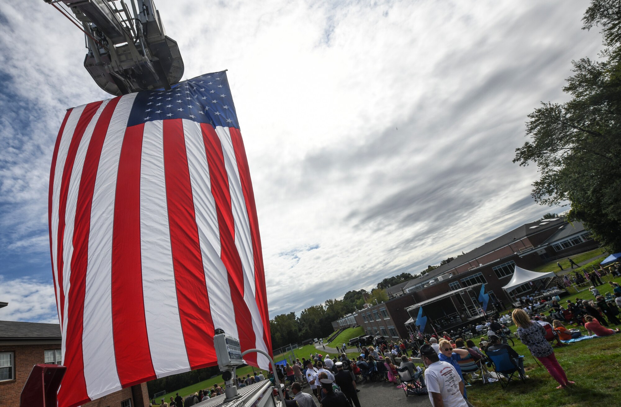 Thousands of spectators gather for the U.S. Air Force Master Sgt. John Chapman Medal of Honor commemoration ceremony, Sept. 30, 2018, at the amphitheater in Windsor Locks, Connecticut.