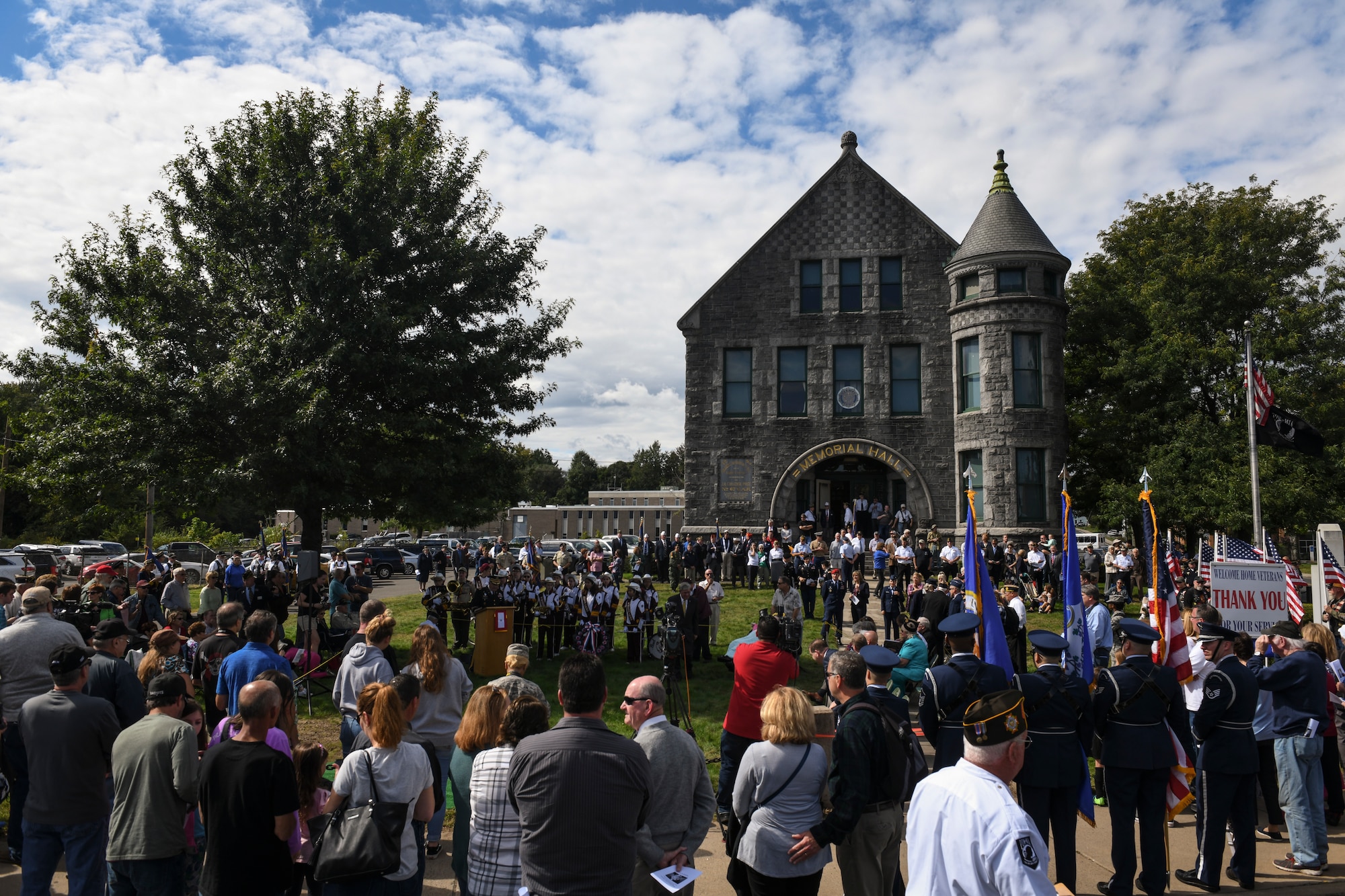 Hundreds of spectators, veterans and active-duty military members gathered for the U.S. Air Force Master Sgt. John Chapman Medal of Honor monument dedication, Sept. 30, 2018, at Memorial Hall in Windsor Locks, Connecticut.