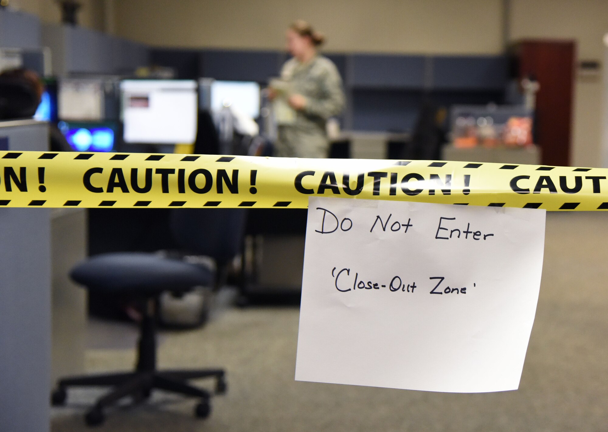A "Do Not Enter" sign is posted at the 81st Comptroller Squadron at the Sablich Center at Keesler Air Force Base, Mississippi, Sept. 27, 2018. Members of the 81st CPTS work diligently on the fiscal year 2018 end-of-year close-out. (U.S. Air Force photo by Kemberly Groue)
