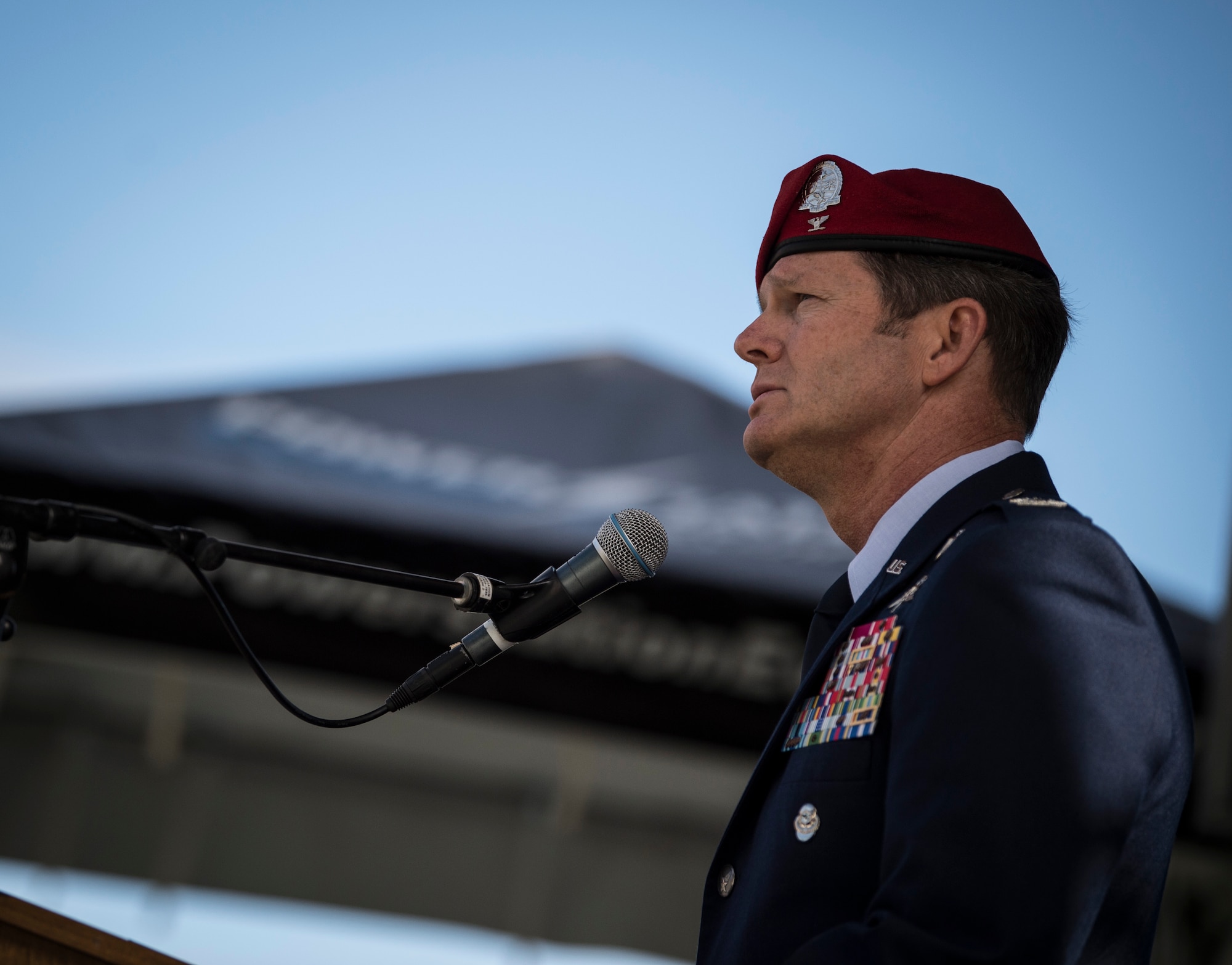 U.S. Air Force Col. Claude Tudor, Jr.,  commander of the 24th Special Operations Wing, speaks during the U.S. Air Force Master Sgt. John Chapman Medal of Honor commemoration ceremony, Sept. 30, 2018, at the amphitheater in Windsor Locks, Connecticut.