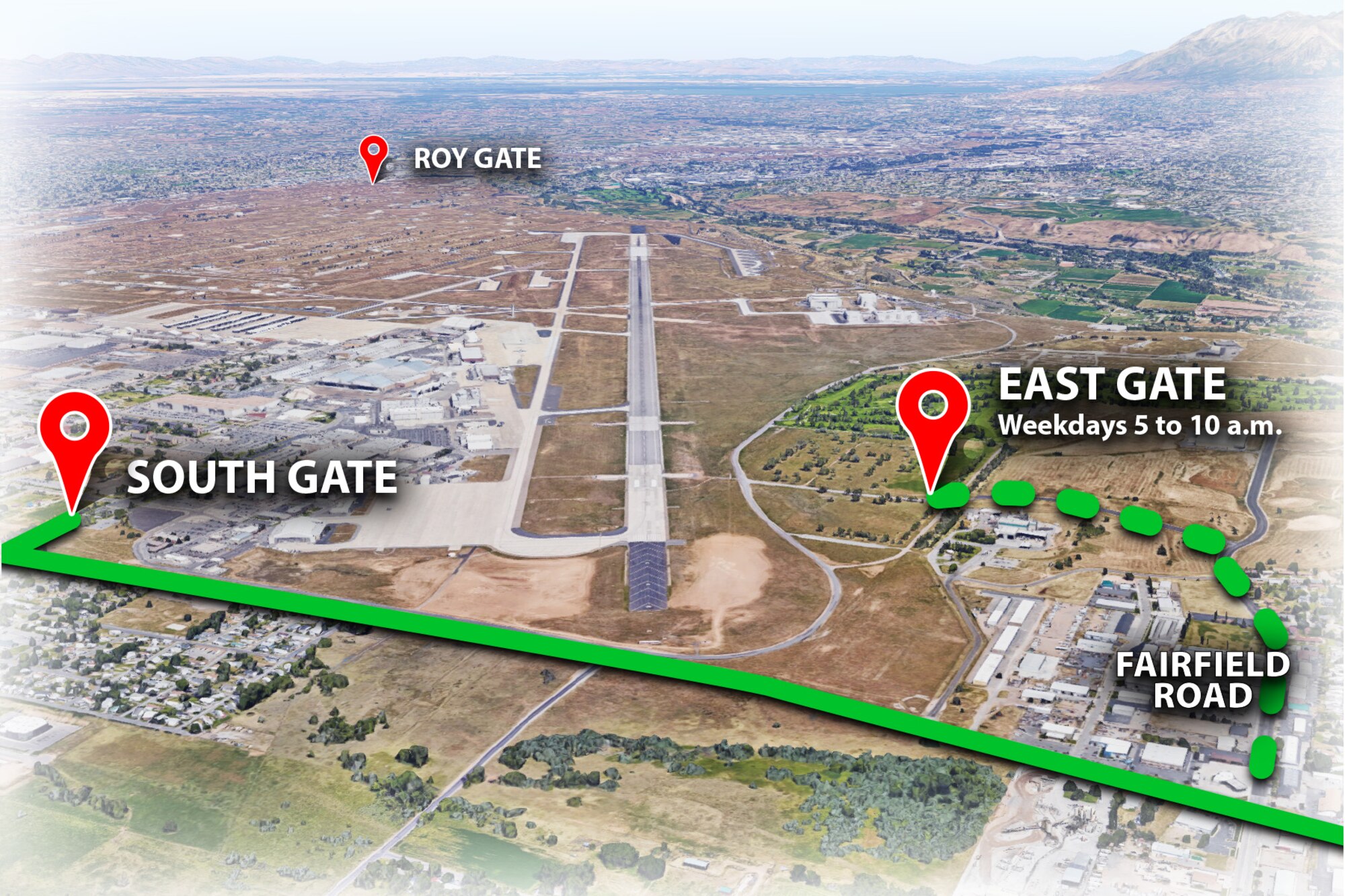 Concrete islands and barriers will be installed at the South and Roy Gates beginning Oct. 8 through the end of November. During the construction period, the East Gate will be open weekdays from 5 to 10 a.m. (U.S. Air Force photo illustration by David Perry)