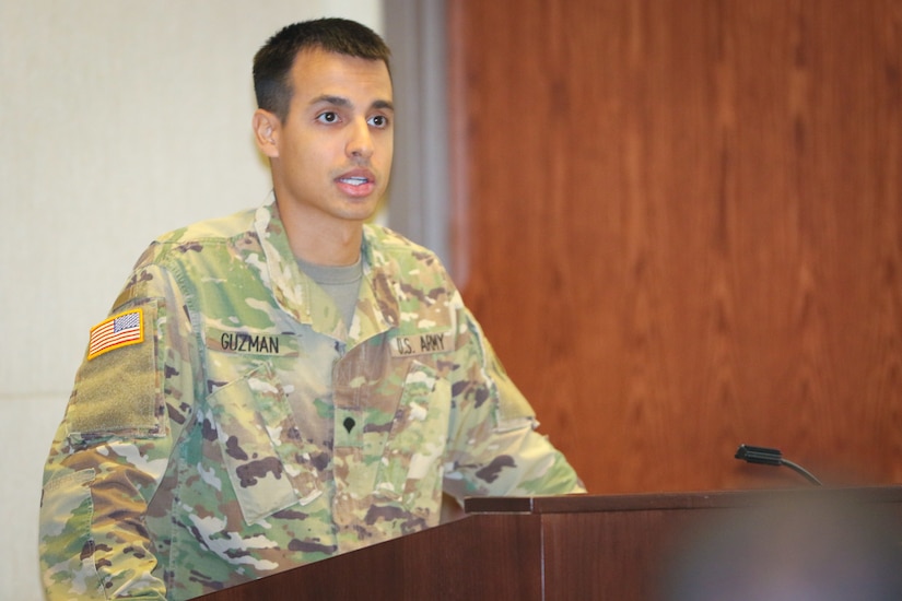 Spc. Ricardo Guzman, an information technology specialist, for 2503rd Digital Liaison Detachment, U.S. Army Central, shares his remarks during the National Hispanic Heritage Month observance ceremony at Patton Hall on Shaw Air Force Base, S.C., Sept. 27, 2018. The ceremony recognized the exceptional achievements and contributions that Hispanics have made in fighting and safeguarding the nation throughout history.