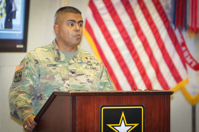 Col. Juan B. Cosme, a native of Puerto Rico and the medical logistics officer at U.S. Army Central, shares his remarks as the guest speaker during the National Hispanic Heritage Month observance ceremony at Patton Hall on Shaw Air Force Base, S.C., Sept. 27, 2018. The ceremony recognized the exceptional achievements and contributions that Hispanics have made in fighting and safeguarding the nation throughout history.