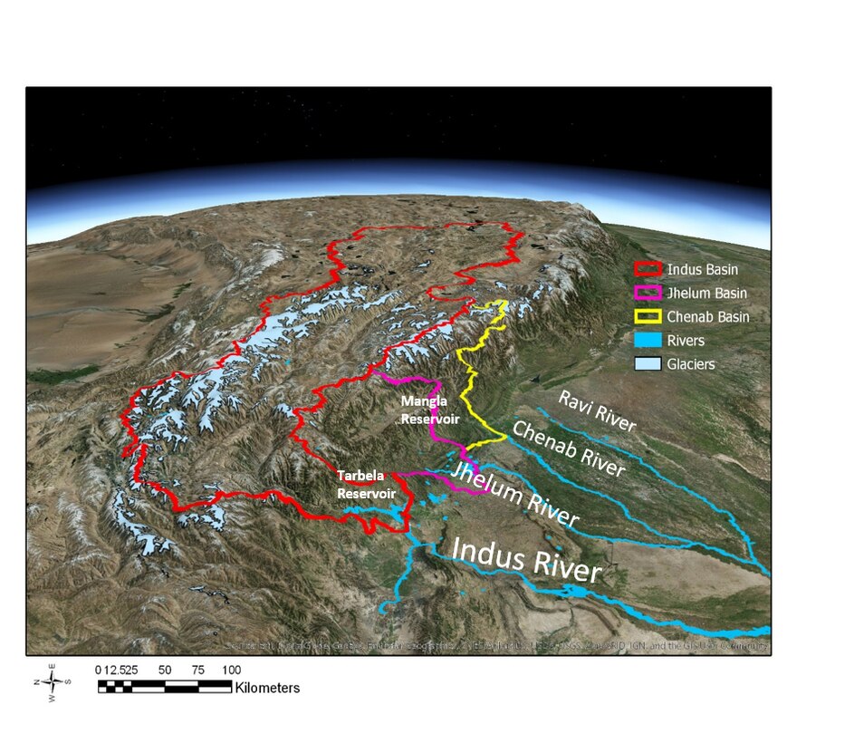 A three-dimensional view of the Upper Indus River Basin and tributaries watersheds, originating in the Himalayan Mountains on the Tibetan Plateau in Central and East Asia.