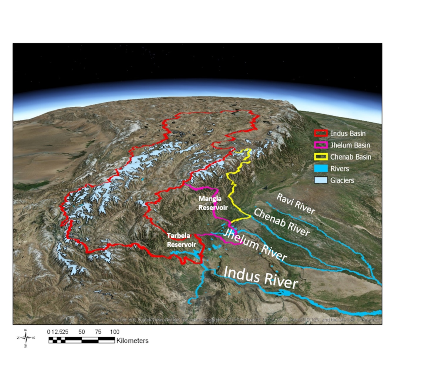 A three-dimensional view of the Upper Indus River Basin and tributaries watersheds, originating in the Himalayan Mountains on the Tibetan Plateau in Central and East Asia.