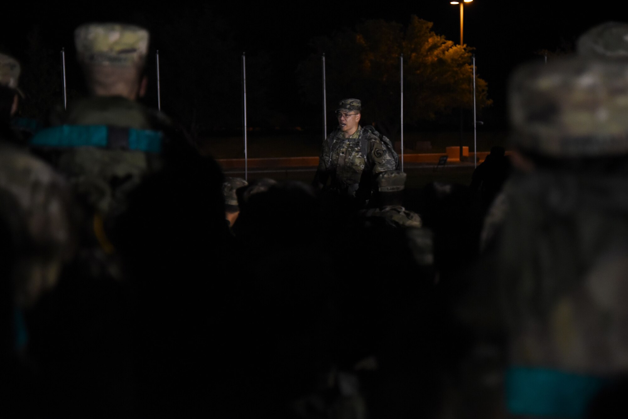U.S. Army Lt. Col. Yukio Kuniyuki, 344th Military Intelligence Battalion commander, speaks to Soldiers during the Airman 1st Class Jacobson Memorial March at the parade field on Goodfellow Air Force Base, Texas, Sept. 28, 2018. Due to mission requirements, the 344th MI BN performed their march prior to the event. (U.S. Air Force photo by Staff Sgt. Joshua Edwards/Released)