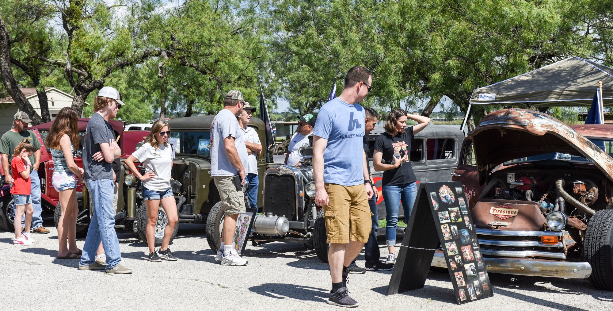 Members of Goodfellow Air Force Base and the San Angelo community observe the competition at the 19th Annual Goodfellow Air Force Base Car and Motorcycle Show during the Ruckus at the Rec Camp event at the Goodfellow Recreation Camp, San Angelo, Texas, Sept. 29, 2018. The car and motorcycle show was one event during the Ruckus at the Rec Camp there was also a barbeque and chili cook-off, ending with a concert. (U.S. Air Force photo by Aryn Lockhart/Released)