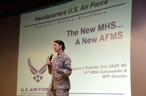 U.S Air Force Col. Beatrice Dolihite, 81st Medical Group commander, briefs Keesler Medics on the Keesler Medical Center's transition to the Defense Health Agency during a commander's call at the Welch Theater on Keesler Air Force Base, Mississippi, Oct. 1, 2018. (U.S. Air Force photo by Kemberly Groue)