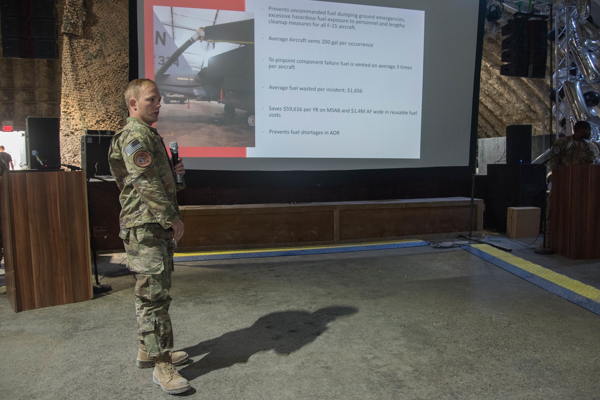 Staff Sgt. Devin McKeever, 332nd Expeditionary Maintenance Squadron fuel systems craftsman, presents his idea for the Red Tails Commander’s Innovation Challenge, Sept. 28, 2018, at an undisclosed location in Southwest Asia.