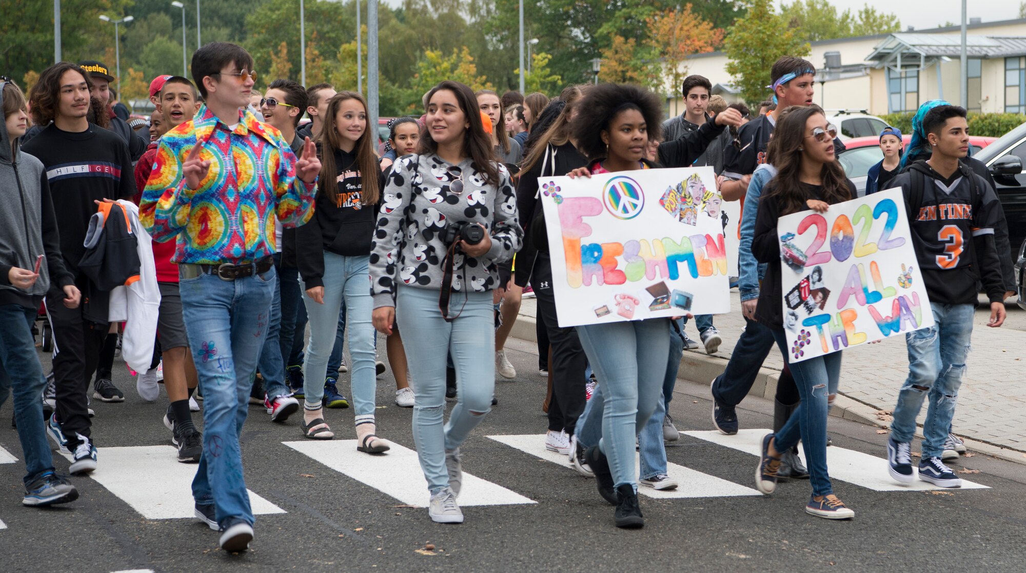 The homecoming parade featured base organizations, student sports teams, and base leadership.