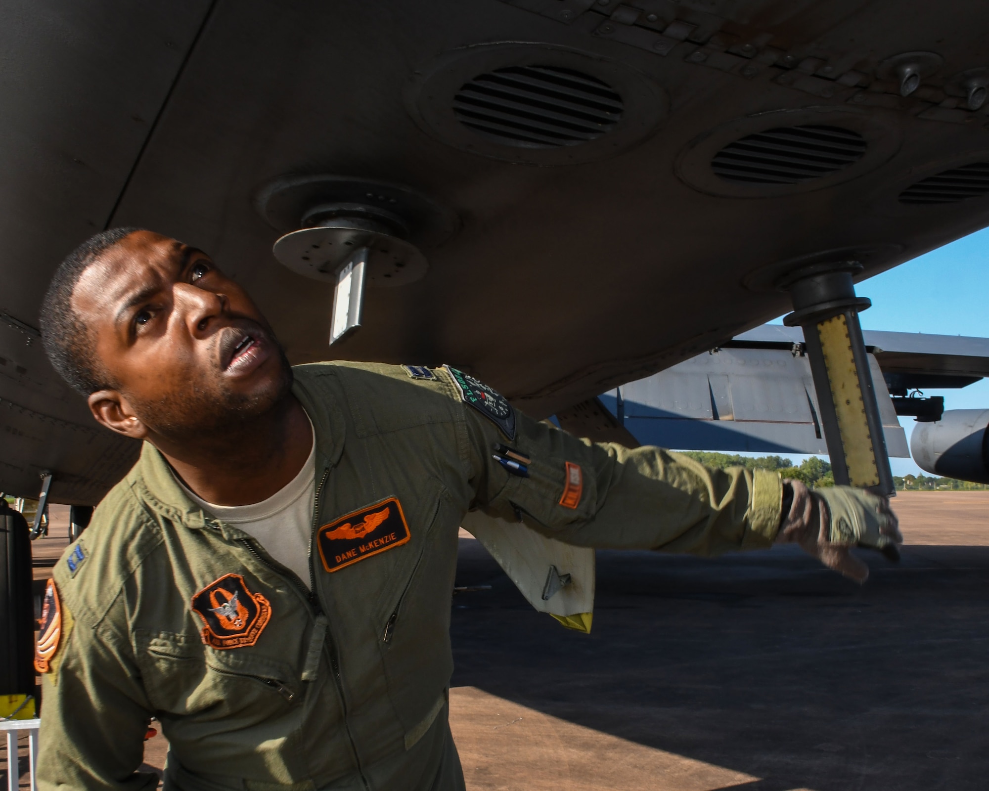 U.S. Air Force Capt. Dane McKenzie conducts pre-flight checks on a B-52 Stratofortress at RAF Fairford, England, Sept. 1, 2017.  He originally enlisted in the Air Force prior to pursuing his dream of flying and gaining his commission. (U.S. Air Force photo by Master Sgt. Ted Daigle)