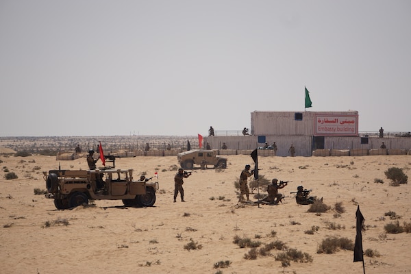 U.S. Marines with Fleet Antiterrorism Security Team - Central Command conduct a simulated embassy reinforcement while participating in a combat rehearsal on urban terrain with Egyptian Special Operations Forces during Exercise Bright Star, Sept. 18, 2018. The FASTCENT Marines sharpened practical application skills during Bright Star prior to conducting interoperability trials with the Regional Safety staff at the U.S. Embassy in Cairo. (Courtesy Photo/Released)