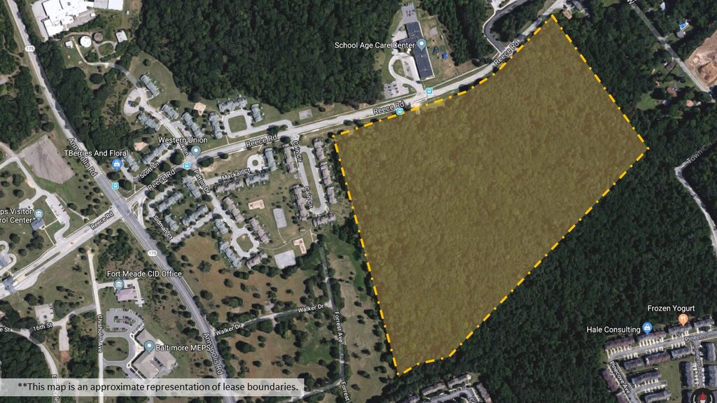 A map with a depiction of the approximate area of the Fort Meade Enhanced Use Leasing boundary.