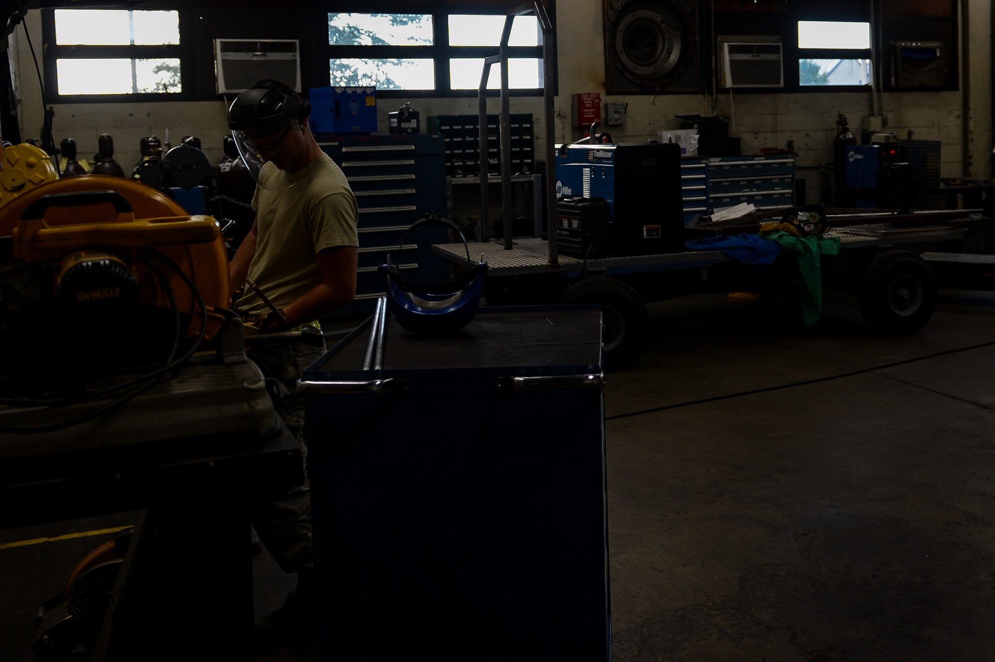 U.S. Air Force Staff Sgt. Matthew Mutz, 20th Equipment Maintenance Squadron aircraft metals technology journeyman, prepares metal rods for welding at Shaw Air Force Base, S.C., Oct. 2, 2018.