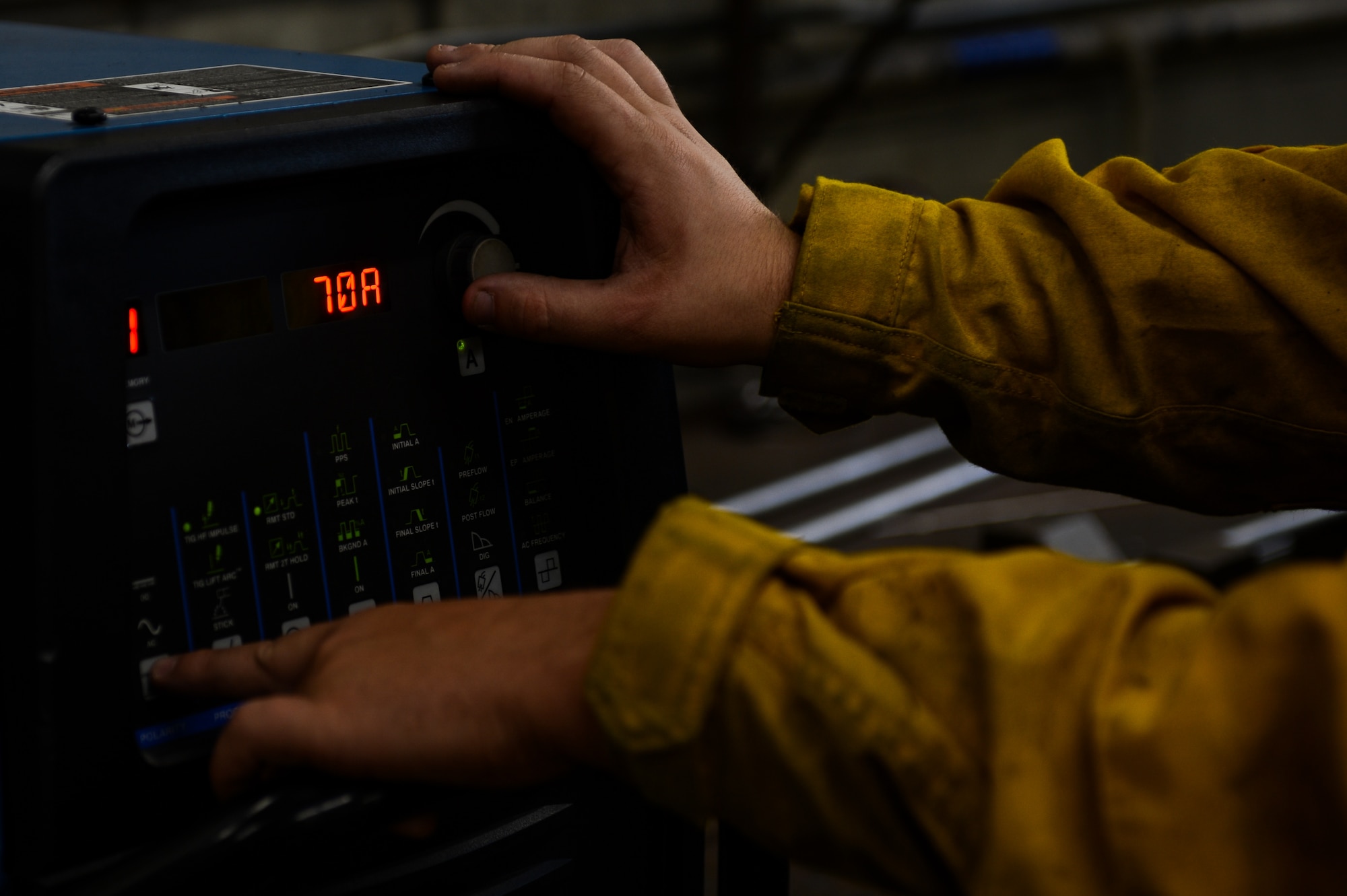 U.S. Air Force Staff Sgt. Matthew Mutz, 20th Equipment Maintenance Squadron aircraft metals technology journeyman, powers up a welding machine at Shaw Air Force Base, S.C., Oct. 2, 2018.