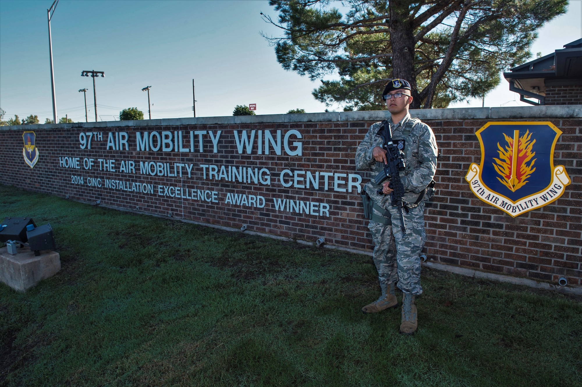 U.S. Air Force Airman 1st Class Andrew Rivera, response force member assigned to the 97th Security Forces Squadron, stands outside of the main gate, Sept. 27, 2018, at Altus Air Force Base, Okla. First response situations require appropriate responses, so quality hands-on training is mandatory for being prepared in these situations. (U.S. Air Force photo by Senior Airman Cody Dowell)