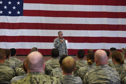 U.S. Air Force Gen. John Hyten, commander of U.S. Strategic Command (USSTRATCOM), speaks to civilians and enlisted members of the command during an all hands call at Offutt Air Force Base, Neb., Sept. 27, 2018. Hyten thanked the men and women under his command for their service, discussed his priorities and commander’s intent and answered questions from the audience. USSTRATCOM has global responsibilities assigned through the Unified Command Plan that include strategic deterrence, nuclear operations, space operations, joint electromagnetic spectrum operations, global strike, missile defense, and analysis and targeting.