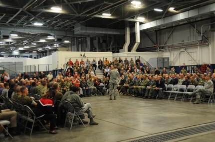 U.S. Air Force Gen. John Hyten, commander of U.S. Strategic Command (USSTRATCOM), speaks to civilians and senior officers of the command during an all hands call at Offutt Air Force Base, Neb., Sept. 28, 2018. Hyten thanked the men and women under his command for their service, discussed his priorities and commander’s intent and answered questions from the audience. USSTRATCOM has global responsibilities assigned through the Unified Command Plan that include strategic deterrence, nuclear operations, space operations, joint electromagnetic spectrum operations, global strike, missile defense, and analysis and targeting.