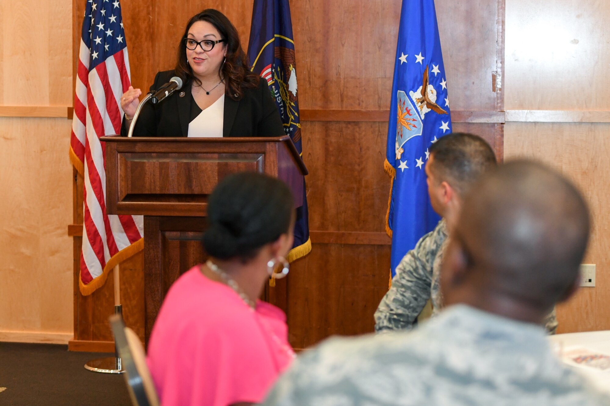 Utah state Sen. Luz Escamilla speaks during the Hispanic Heritage Awareness Luncheon at Hill Air Force Base Sept. 20, 2018. Sen. Escamilla, elected in 2008, represents District 1 and is the senate assistant minority whip. She has also passed legislation while in the senate supporting veterans. (U.S. Air Force photo by Cynthia Griggs)