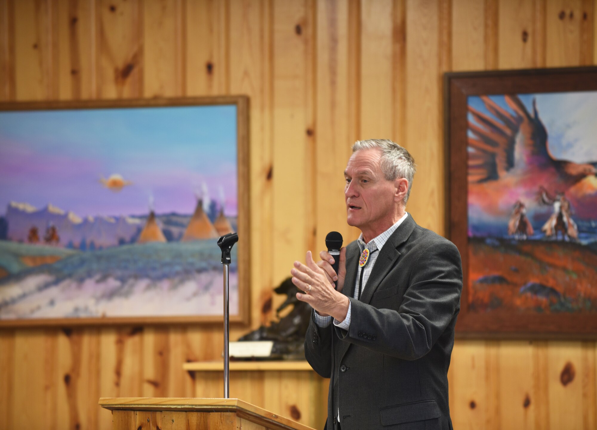 South Dakota Governor Dennis M. Daugaard addresses attendees at the 2018 Governors' Interstate Indian Council assembly at the Crazy Horse Memorial in Custer County, S.D., Sept. 26, 2018. Daugaard spoke about prioritizing tribal relations and the importance of communicating with the tribal community in South Dakota. (U.S. Air Force photo by Airman Christina M. Bennett)